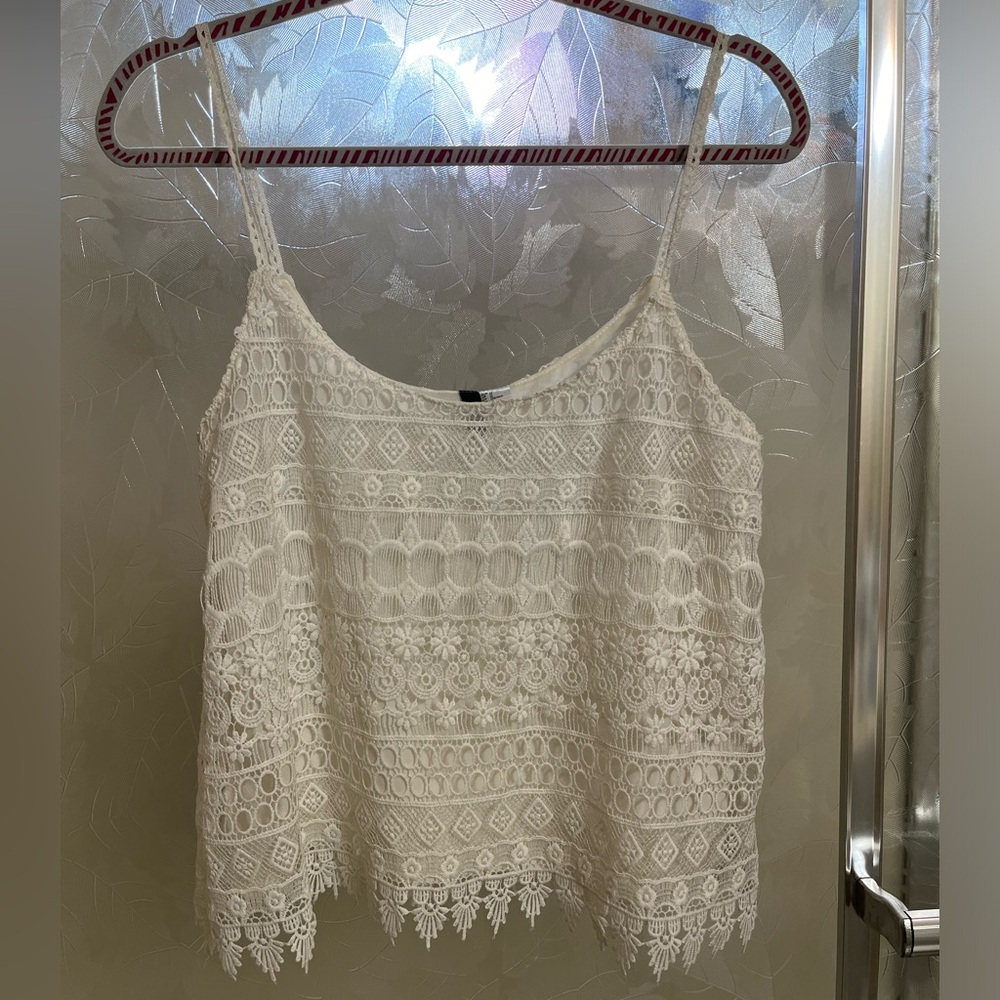 White crochet lace style spaghetti strap blouse